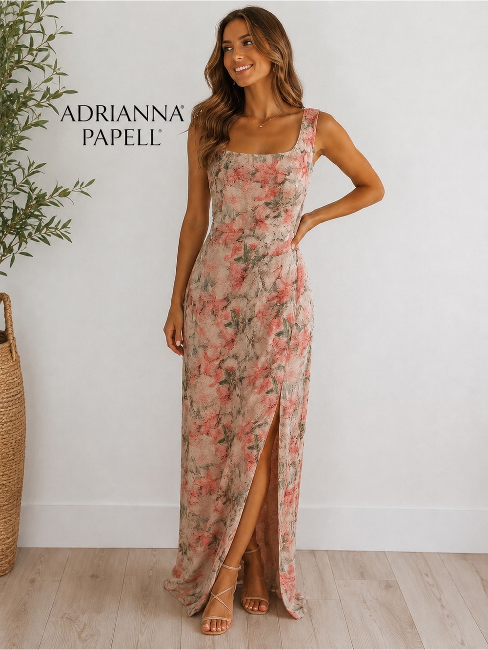 Adrianna Papell Metallic Floral Brocade Column Gown Size 10